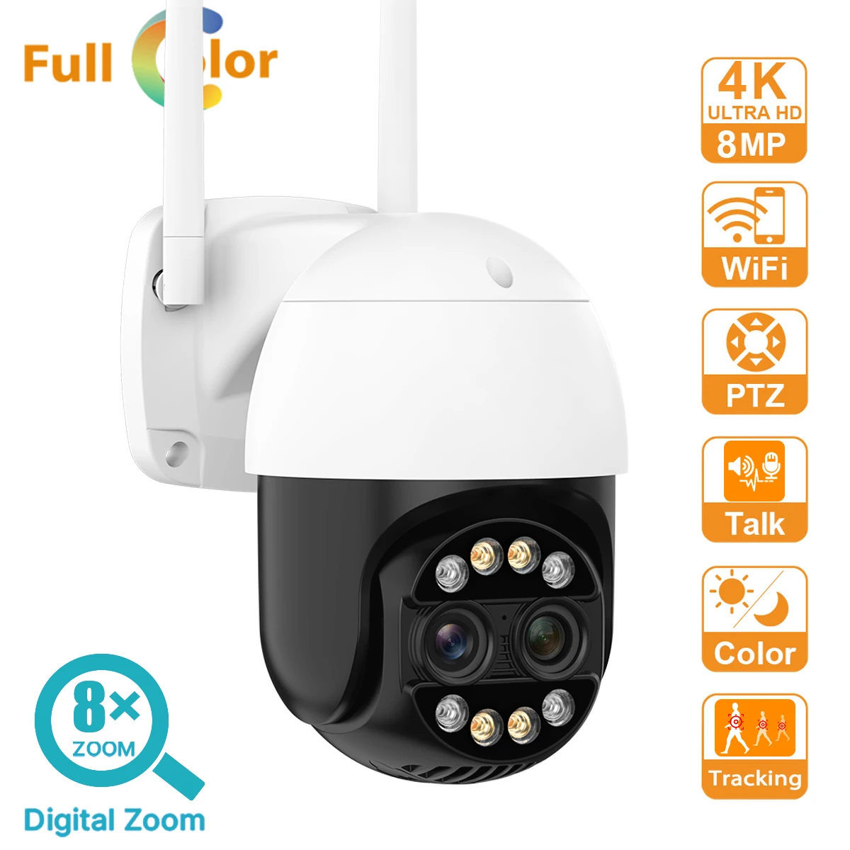 4K 8MP Двухобъективная Умная Wifi PTZ-камера с 8-кратным Цифровым Зумом AI Обнаружение человека Автоматическое Отслеживание ONVIF Беспроводная IP-камера видеонаблюдения