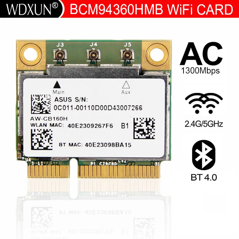 AzureWave AW-CB160H Broadcom BCM94360HMB 802.11AC 1300 Мбит/с Беспроводной WIFI WLAN Bluetooth 4.0 Mini PCI-E Карта + 20 см антенны MHF4