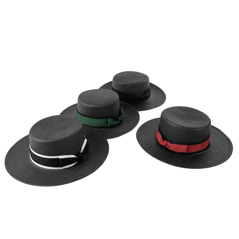 Высококачественные Летние черные соломенные шляпы с широкими полями и плоским верхом в европейском и американском стиле, винтажные женские шляпы с элегантным бантом, уличная повседневная шляпа от Солнца
