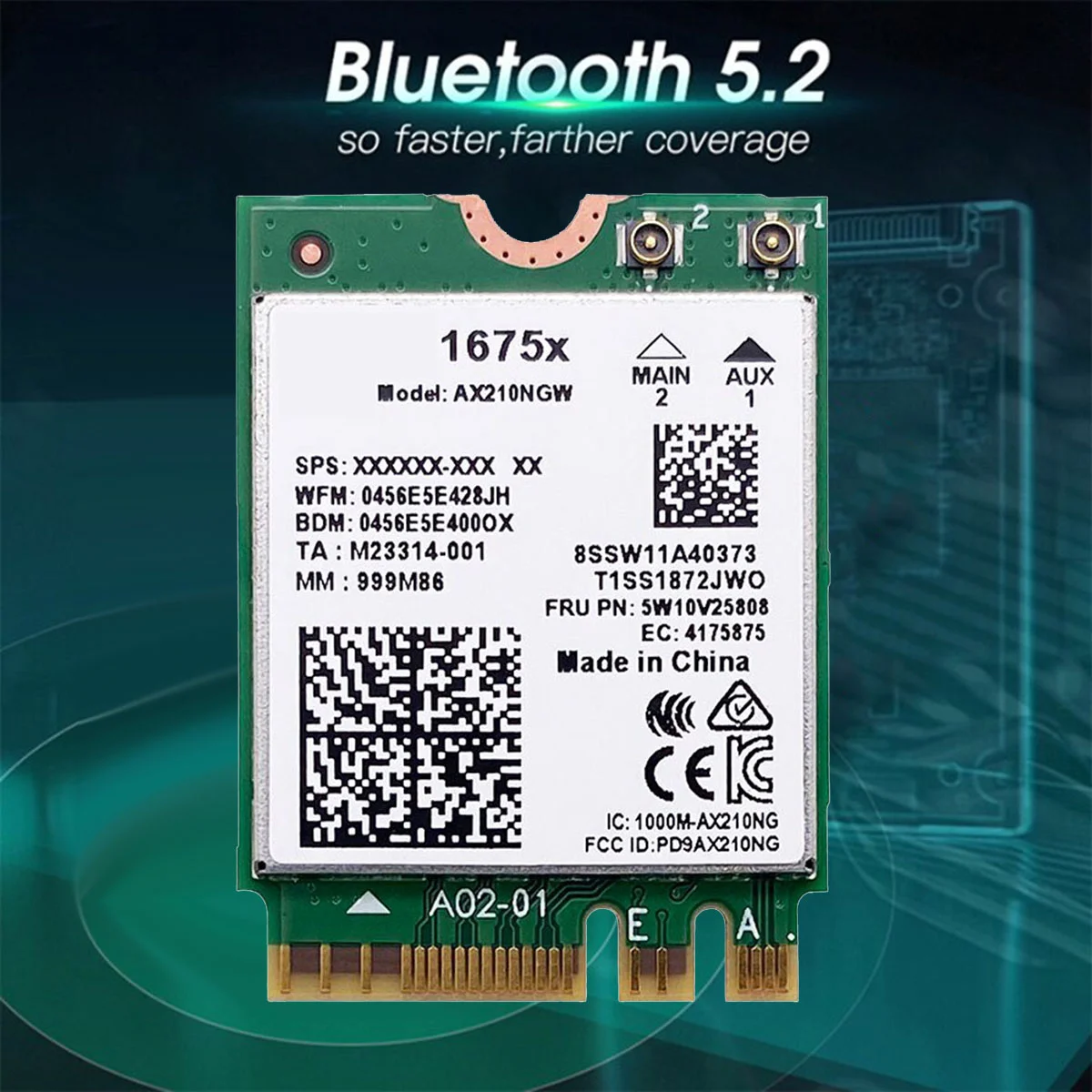 Для Intel 1675X WiFi Карта + антенна 2X8DB AX210NGW AX1675X Wi-Fi 6E 2,4G 5G 6G 5374 Мбит/с BT 5,2 M.2 NGFF WiFi Адаптер