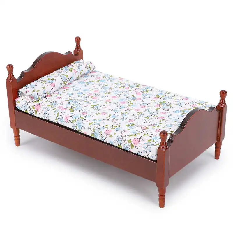 Кукольный домик в масштабе 1:12, Миниатюрная кровать, Имитация Деревянной печатной кровати, модель Детской игрушки для ролевых игр для декора кукольного дома