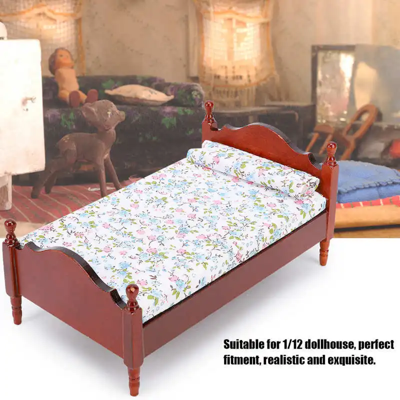 Кукольный домик в масштабе 1:12, Миниатюрная кровать, Имитация Деревянной печатной кровати, модель Детской игрушки для ролевых игр для декора кукольного дома