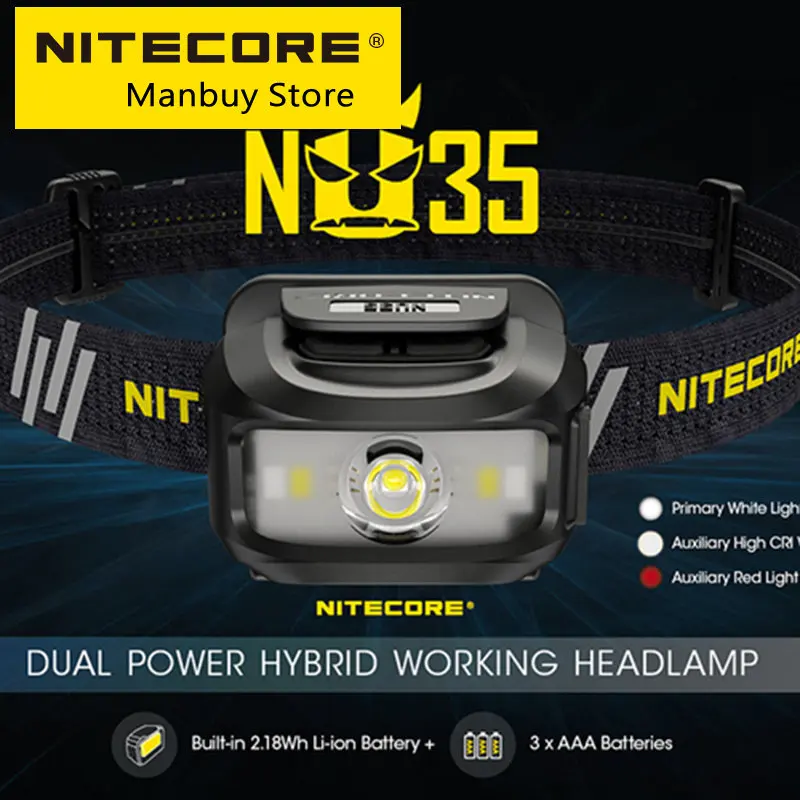 Налобный фонарь NITECORE NU35, гибридный, с длительным сроком службы, рабочий светильник, подсветка, походная светодиодная фара с батареей AAA
