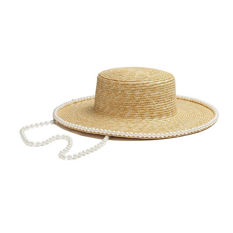 Новая панама, Женская летняя шляпа, украшение в виде жемчужной цепочки, Солнцезащитная кепка, Женская Широкополая шляпа с плоским верхом, Соломенная шляпа, Пляжные шляпы от солнца