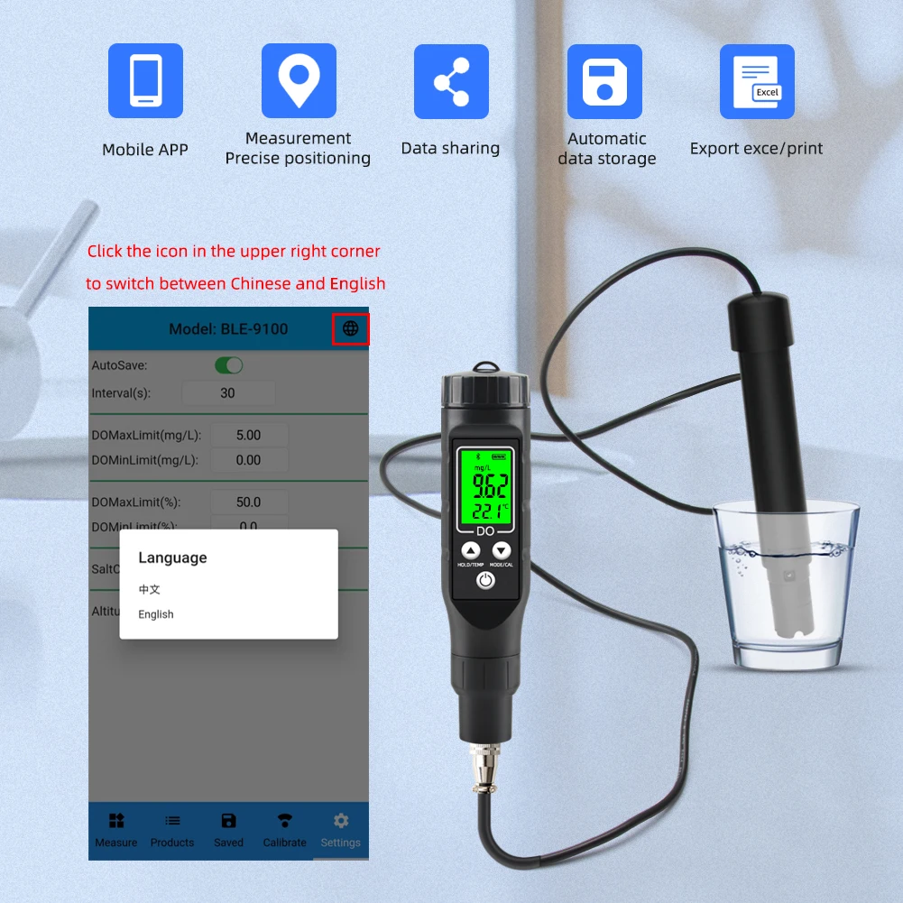 Умный Измеритель растворенного кислорода Blue Tooth 0,0-30,0 мг/л Цифровой Онлайн-Детектор Высокоточный Электродный Тестер для Гидропоники